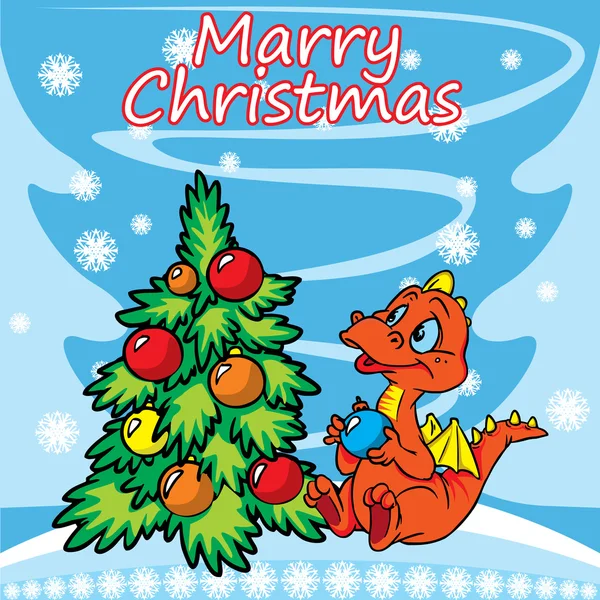 Tarjeta de felicitación de Navidad con dragón y árbol — Vector de stock